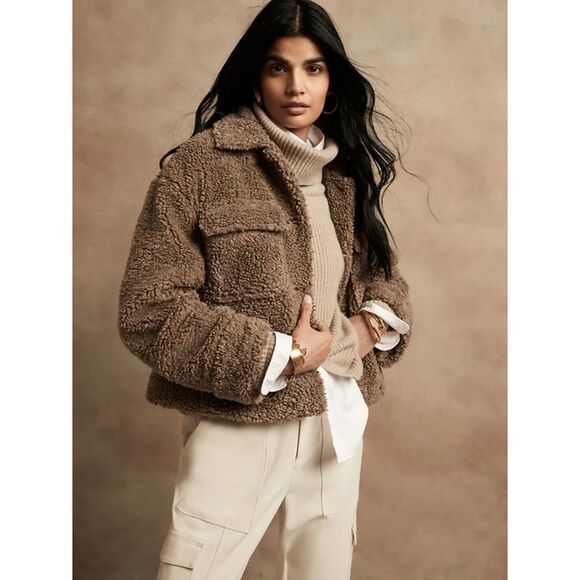 NWT Banana Republic Cropped Sherpa Trucker Jacket - Caramel - XL - Picture 1 of 6